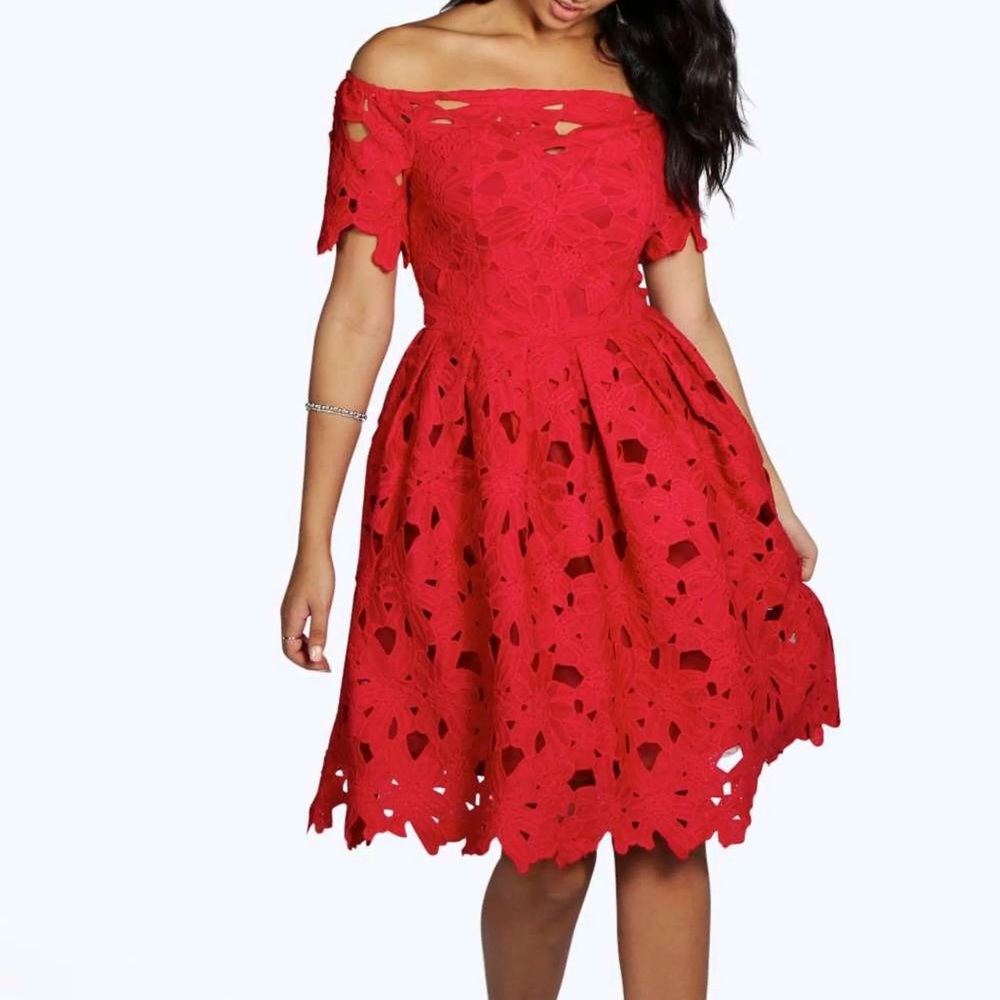 Chichwish Off Shoulder Floral Cutout Lace Skater Dress Mini Silhouette Red Small